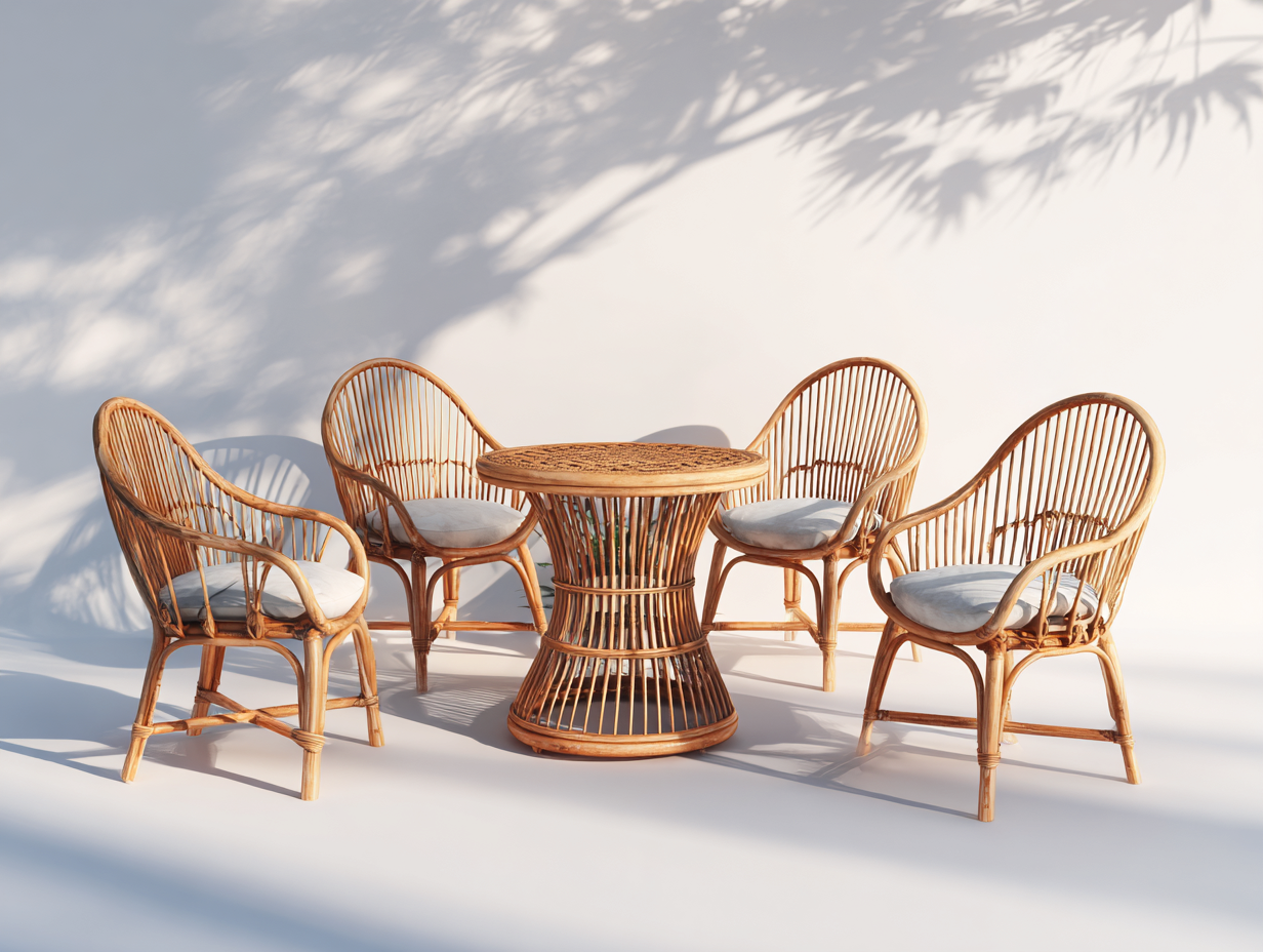 Salon de jardin in rattan naturale con cuscini grigio chiaro - per giardino e terrazza - stile naturale contemporaneo-Zalaaloft