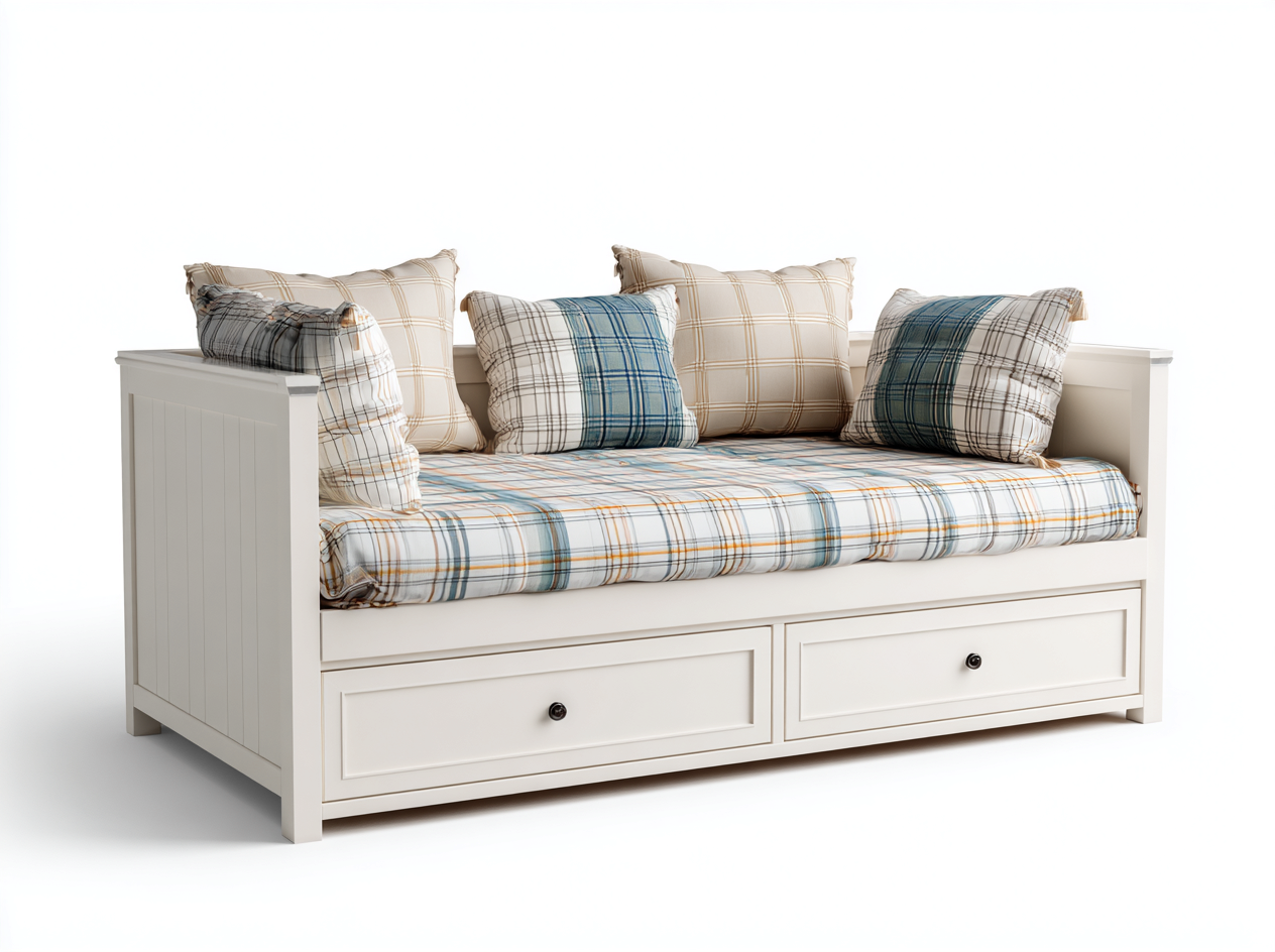 Divano letto in legno 208x94x79 cm - bianco crema - stile classico contemporaneo - con due cassetti - adatto per camera da letto-Zalaaloft