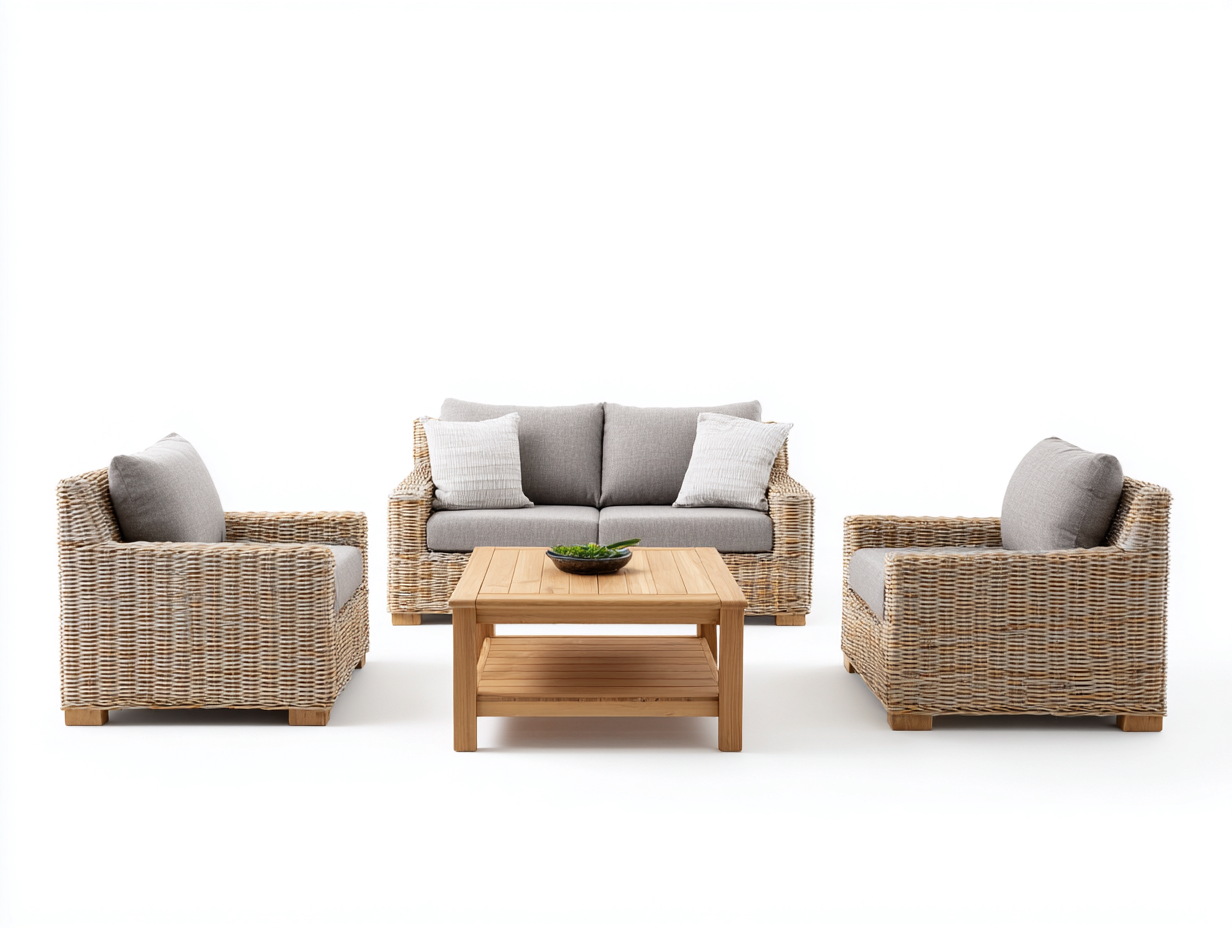 Salon de jardin in rattan beige con cuscini grigio chiaro - per giardino e terrazza - stile minimal contemporaneo-Zalaaloft