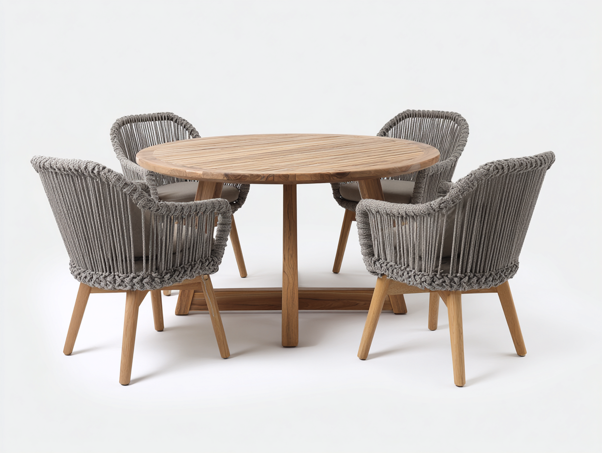 Set da pranzo da esterno in corda intrecciata grigio chiaro e legno naturale - tavolo rotondo con 4 sedie - stile nordico moderno-Zalaaloft