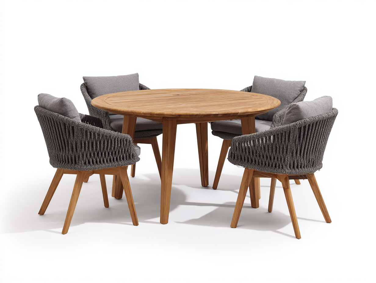 Set da pranzo da esterno in corda intrecciata grigio scuro e legno teak - tavolo rotondo con 4 sedie - stile moderno naturale-Zalaaloft