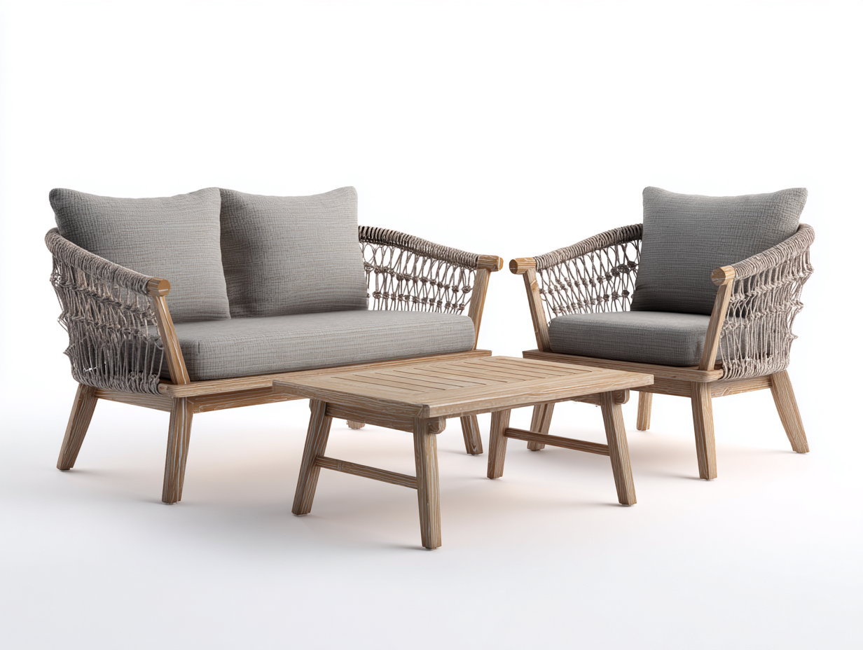 Salon de jardin in rattan grigio con tavolino rettangolare in legno - per giardino e terrazza - stile nordico contemporaneo-Zalaaloft