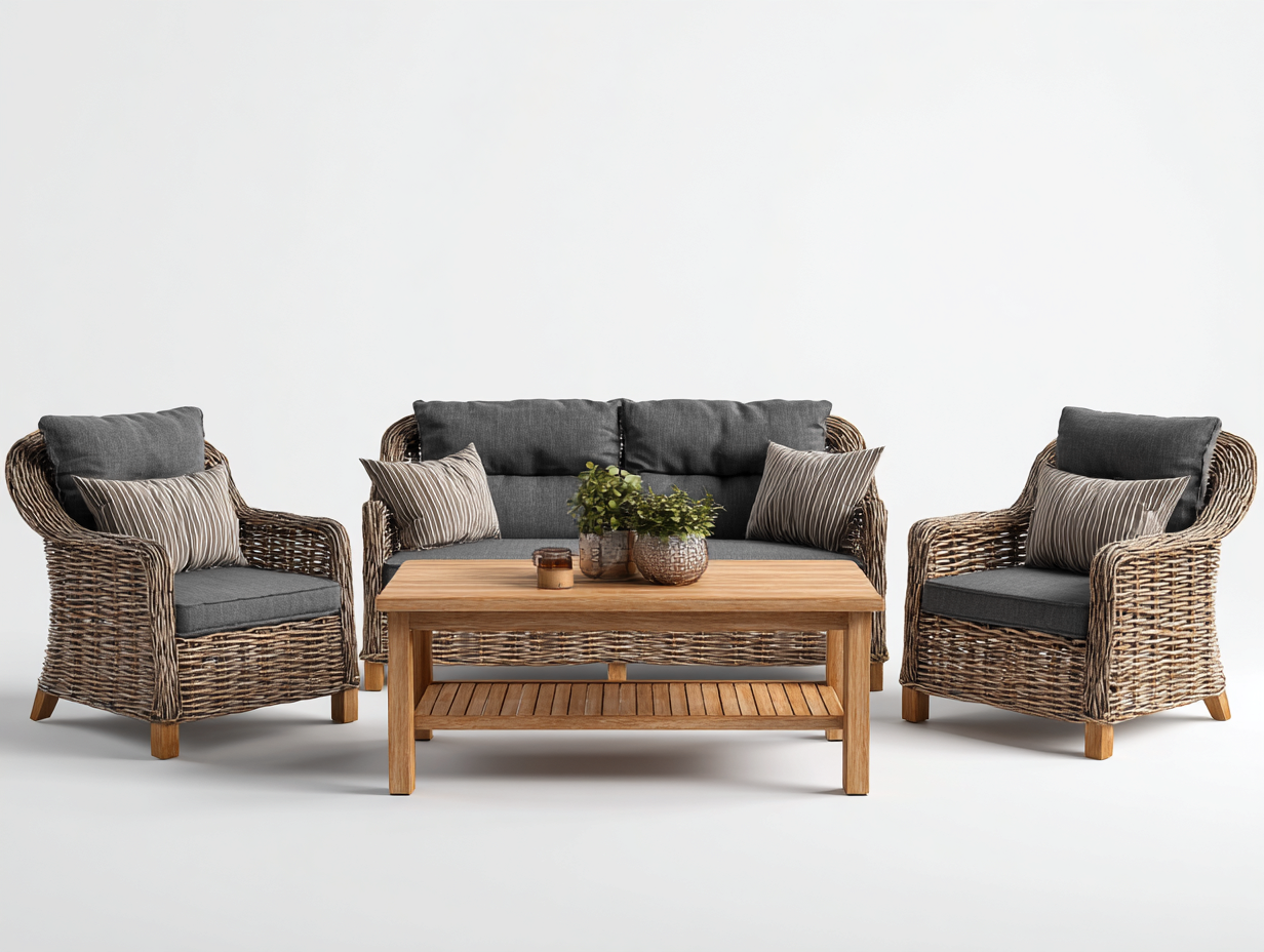 Salon de jardin in rattan marrone con cuscini grigio scuro - per giardino e terrazza - stile outdoor moderno-Zalaaloft