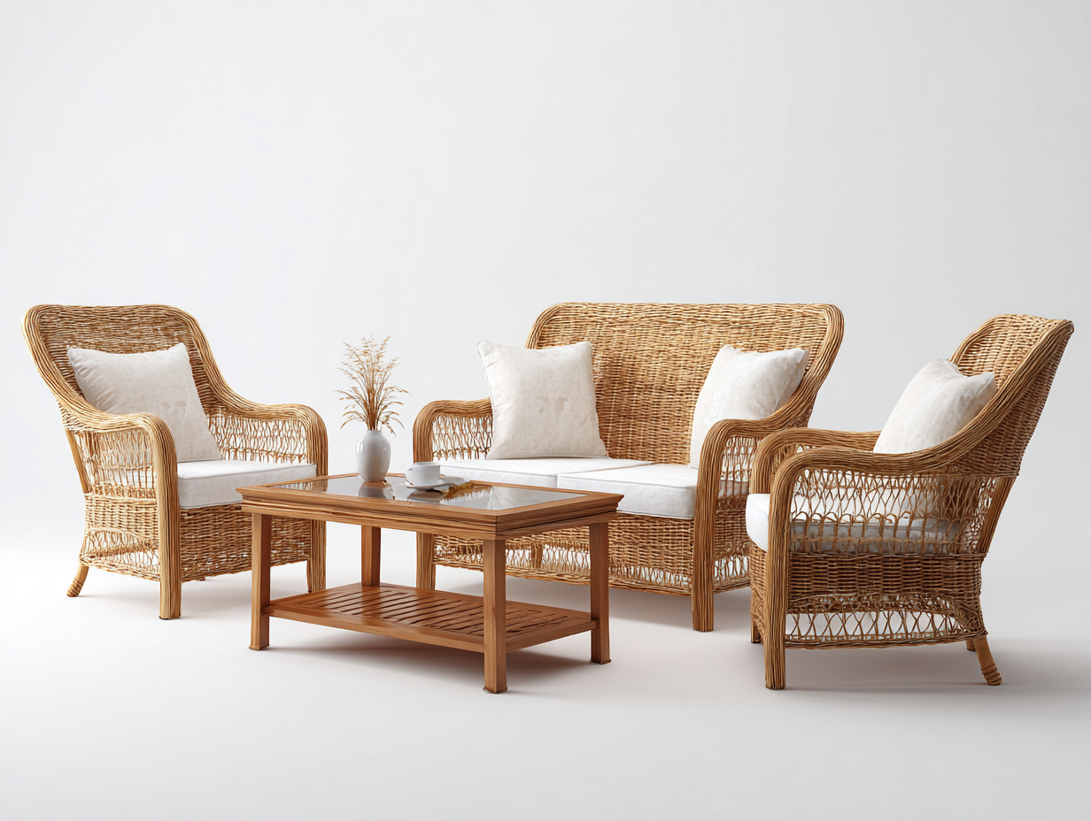 Salon de jardin in rattan naturale con cuscini bianco crema - per giardino e terrazza - stile naturale elegante-Zalaaloft