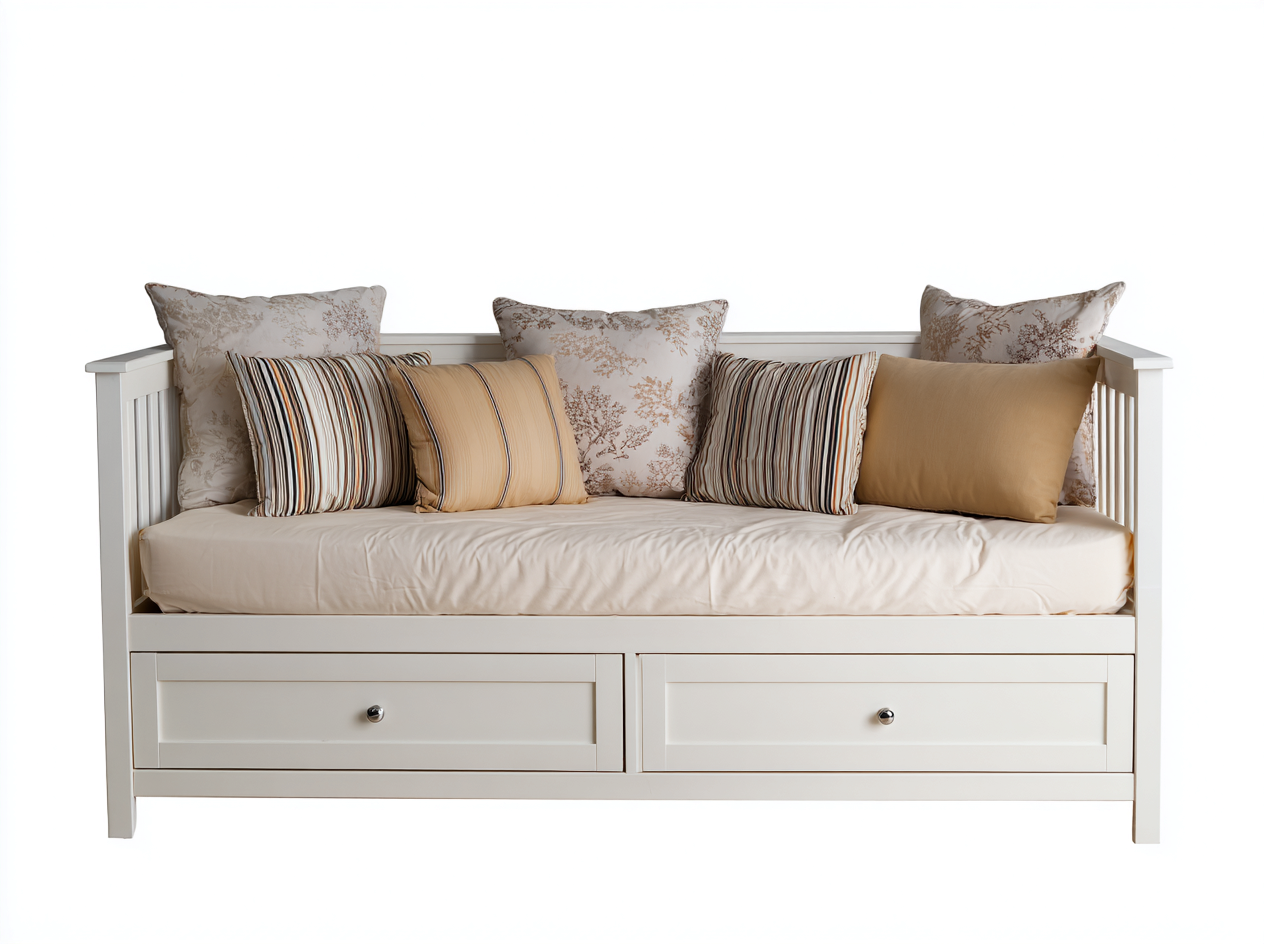 Divano letto in legno 202x94x80 cm - bianco crema - stile classico contemporaneo - con due cassetti - adatto per camera da letto-Zalaaloft