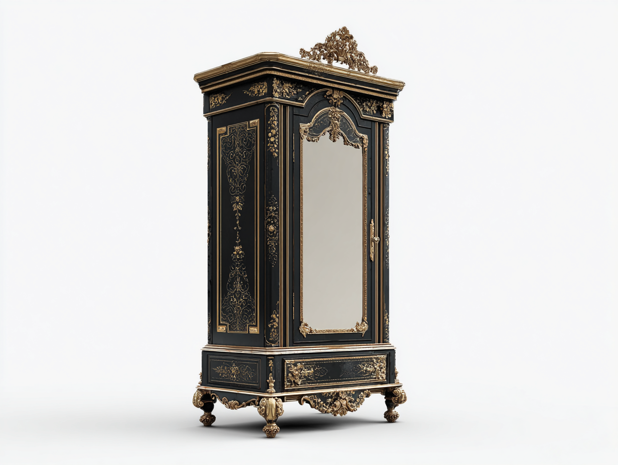 Armadio classico in legno nero e oro 102x60x235 cm con anta a specchio per camera da letto - stile barocco-Zalaaloft