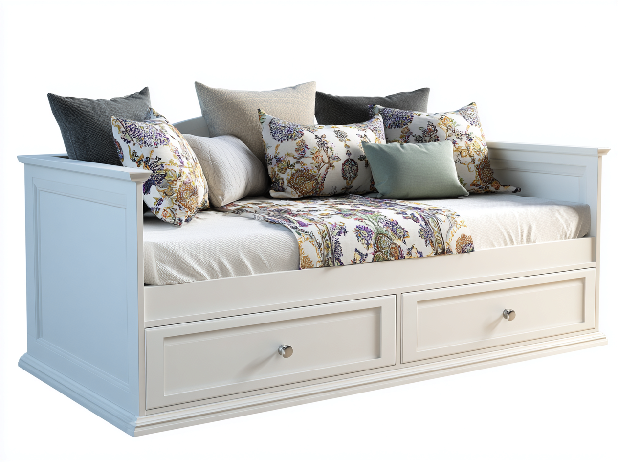 Divano letto in legno 210x96x79 cm - bianco crema - stile classico contemporaneo - con due cassetti - adatto per camera da letto-Zalaaloft