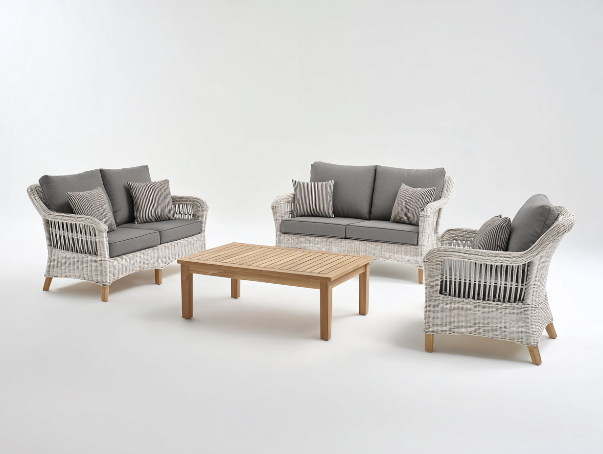 Salon de jardin in rattan bianco con cuscini grigio chiaro e tavolino rettangolare - per giardino e terrazza - stile contemporaneo nordico-Zalaaloft