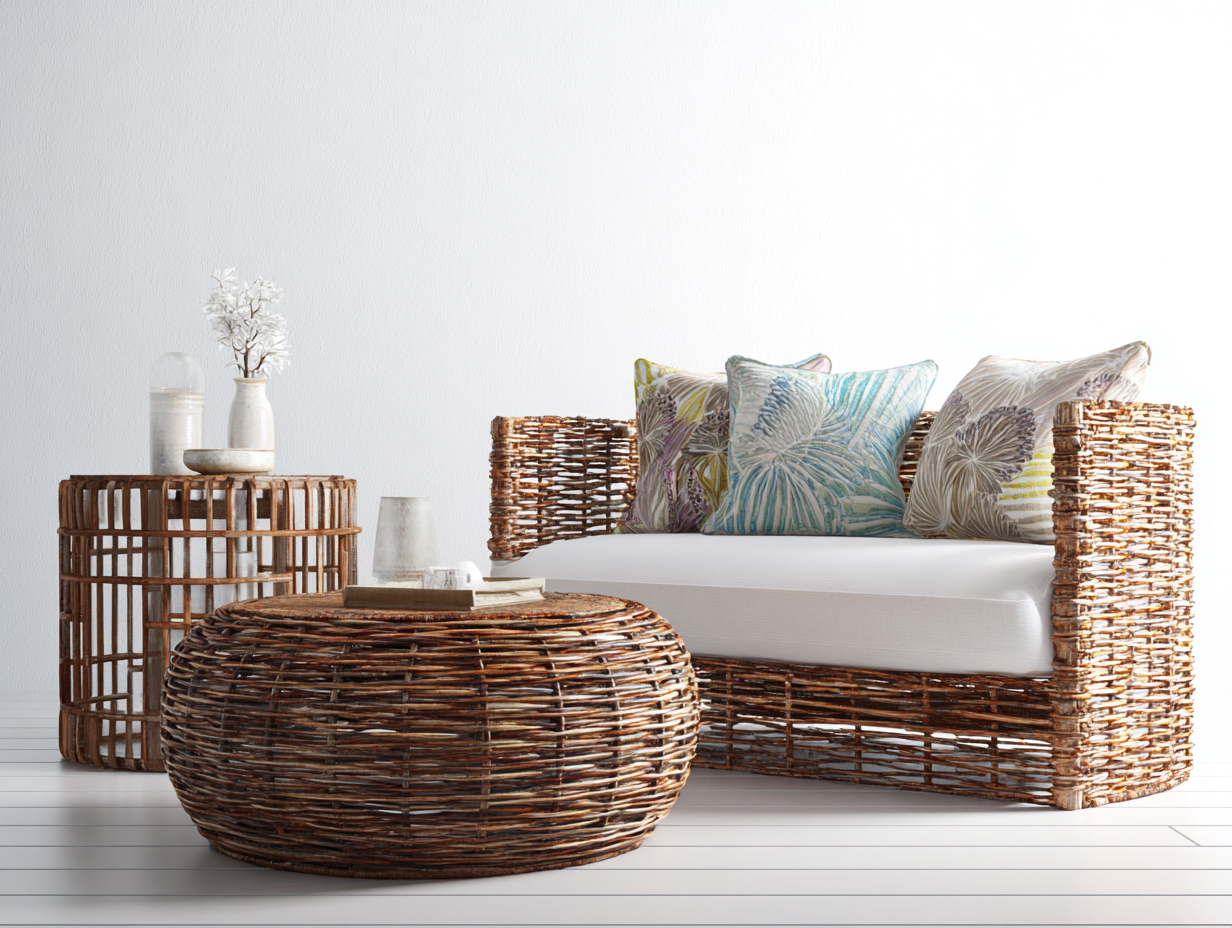 Salon de jardin in rattan marrone con cuscini bianco crema - per giardino e terrazza - stile boho naturale-Zalaaloft