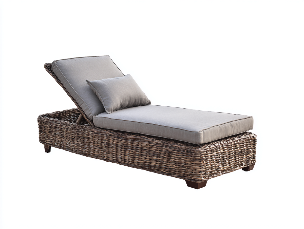 Lettino prendisole in rattan naturale con imbottitura grigia 182x76x84 cm - adatto per giardino e terrazza - design intrecciato classico-Zirasohome