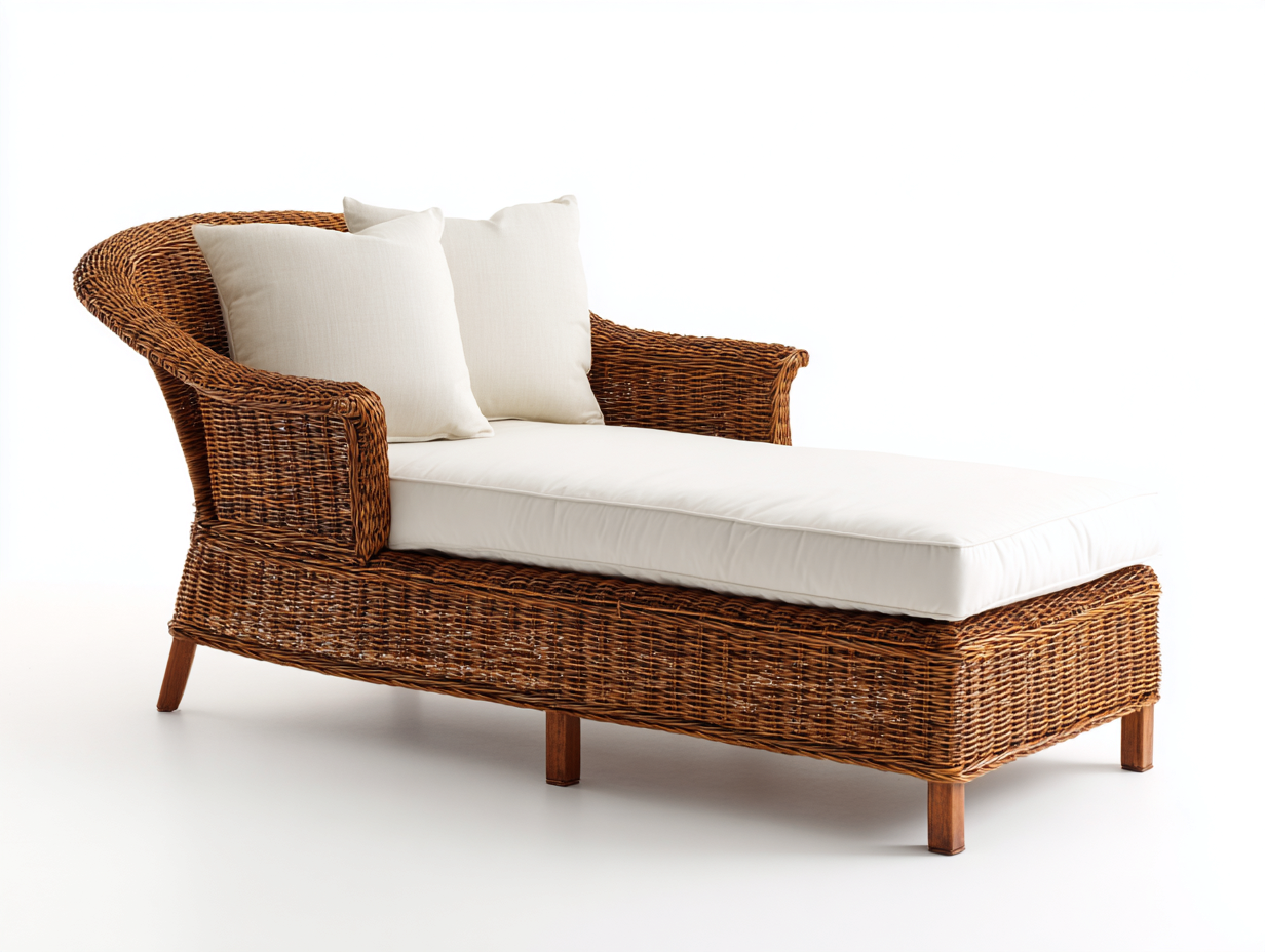 Lettino prendisole in rattan naturale con rivestimento bianco crema 186x76x81 cm - per giardino e terrazza - design intrecciato elegante-Zirasohome