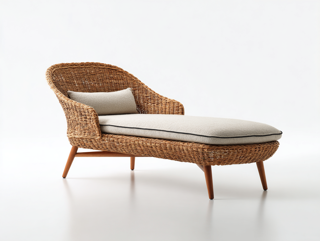 Lettino prendisole in rattan naturale con cuscino beige 184x68x79 cm - per giardino e terrazza - stile intrecciato moderno-Zirasohome
