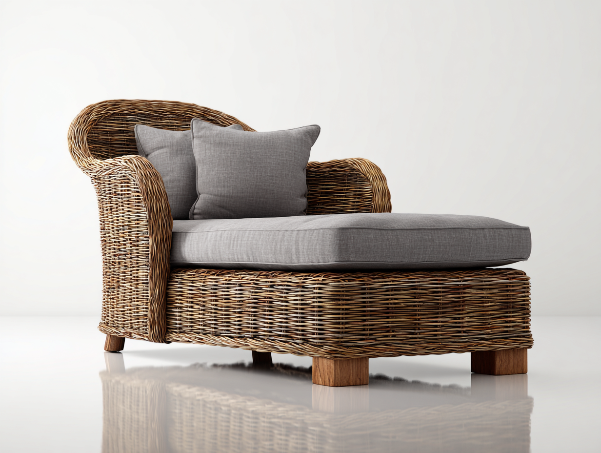 Lettino prendisole in rattan naturale con rivestimento grigio scuro 176x82x79 cm - per giardino e terrazza - design intrecciato compatto-Zirasohome