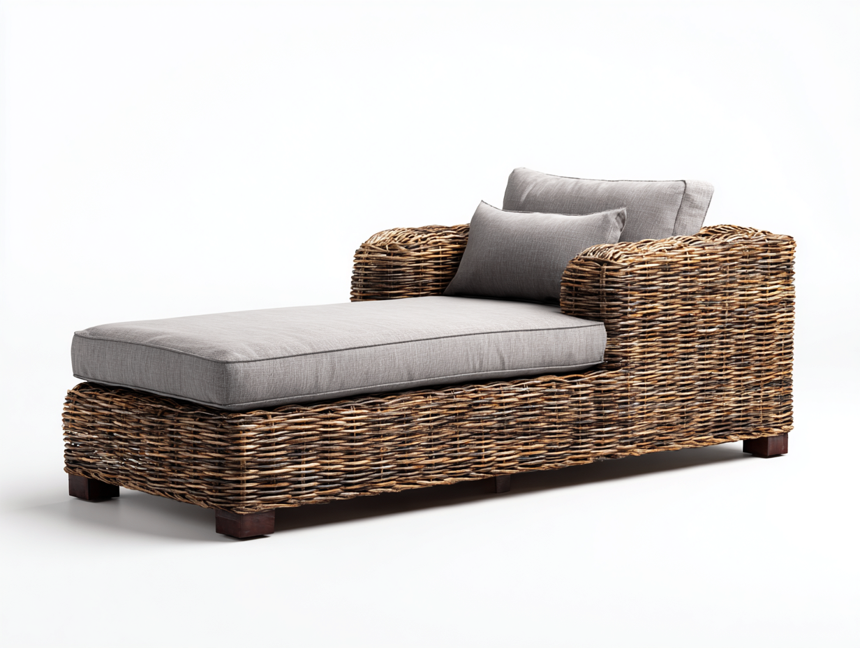 Lettino prendisole in rattan naturale con rivestimento grigio chiaro 189x73x77 cm - per giardino e terrazza - design intrecciato contemporaneo-Zirasohome