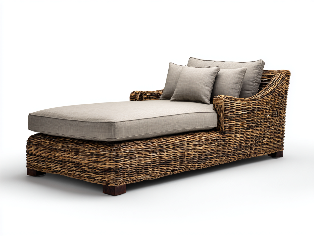 Lettino prendisole in rattan naturale con rivestimento beige chiaro 192x78x80 cm - per giardino e terrazza - design intrecciato elegante-Zirasohome