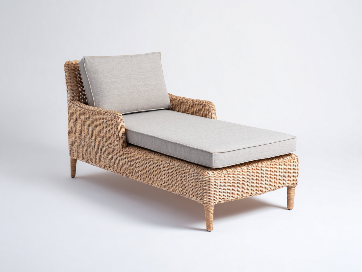 Lettino prendisole in rattan beige con rivestimento grigio chiaro 181x69x84 cm - per giardino e terrazza - design naturale moderno-Zirasohome