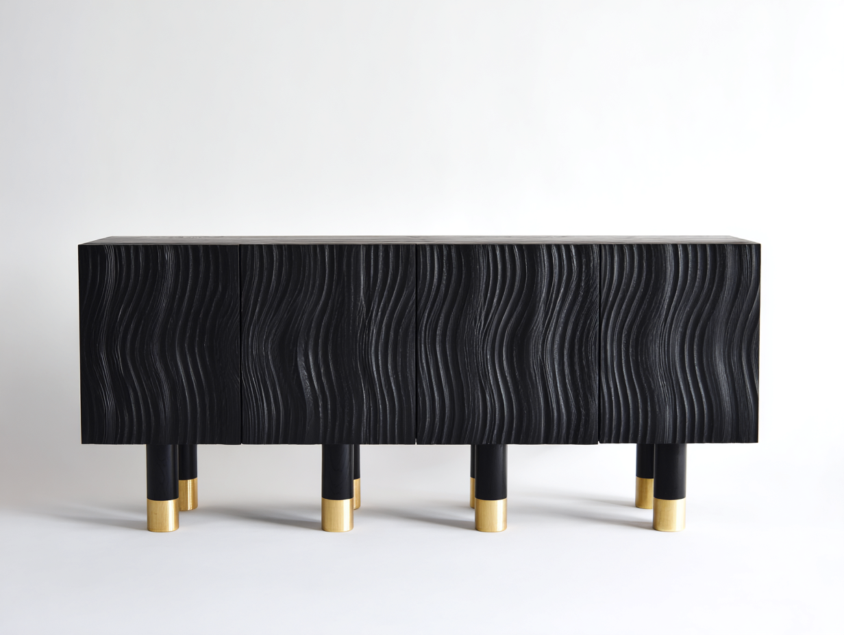 Mobile ingresso in legno nero con texture ondulata 192x40x76 cm - adatto per ingresso - design contemporaneo-Zirasohome