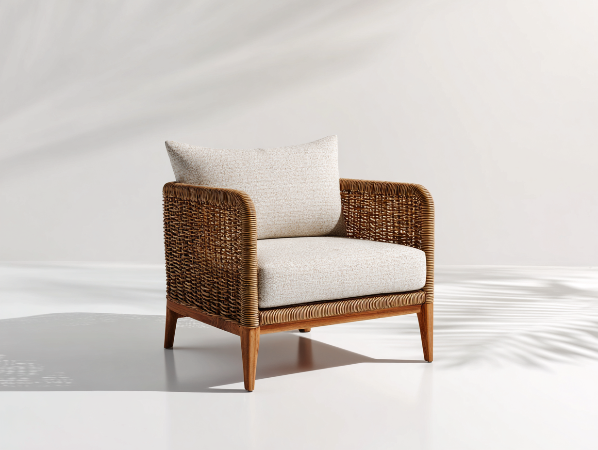 Poltrona da giardino - rattan sintetico-tessuto-legno - 84x79x83 cm - noce naturale-avorio - stile rétro-Lonorycorner