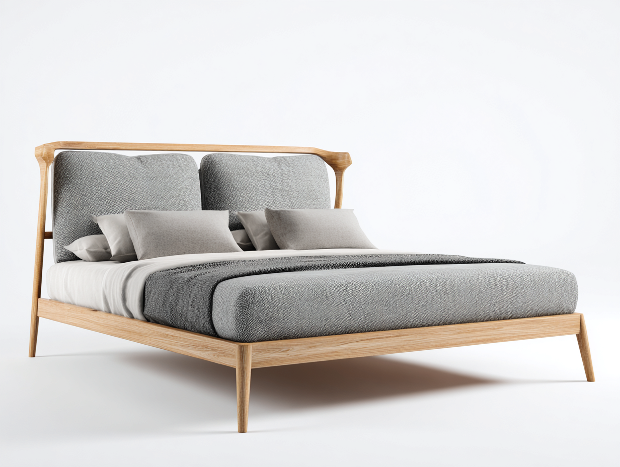 Letto matrimoniale - legno-tessuto - 218x190x112 cm - legno naturale-grigio - nordico-Lonorycorner
