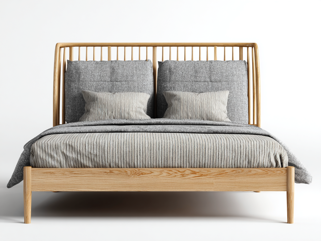 Letto matrimoniale - legno-tessuto - 220x192x120 cm - legno naturale-grigio - moderno con testiera a listelli-Lonorycorner