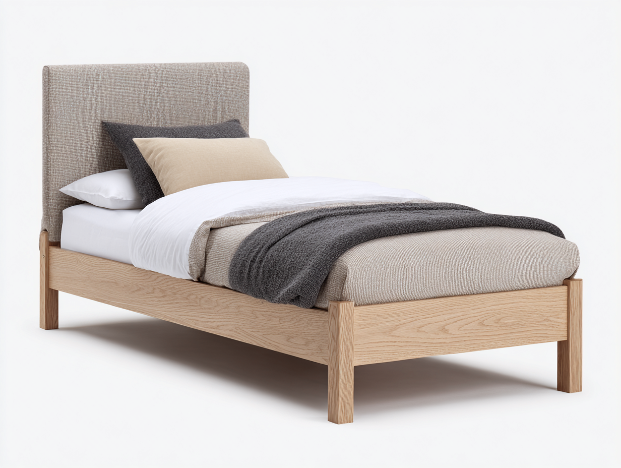Letto singolo - Tessuto-Legno - 208x102x112 cm - Rovere naturale-Grigio talpa - Scandinavo moderno-Lotiihome