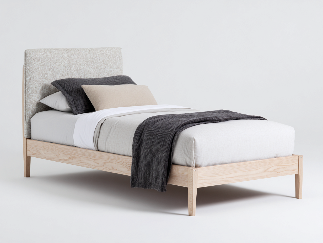 Letto singolo - Tessuto-Legno - 206x100x112 cm - Rovere naturale-Grigio chiaro - Scandinavo moderno-Lotiihome
