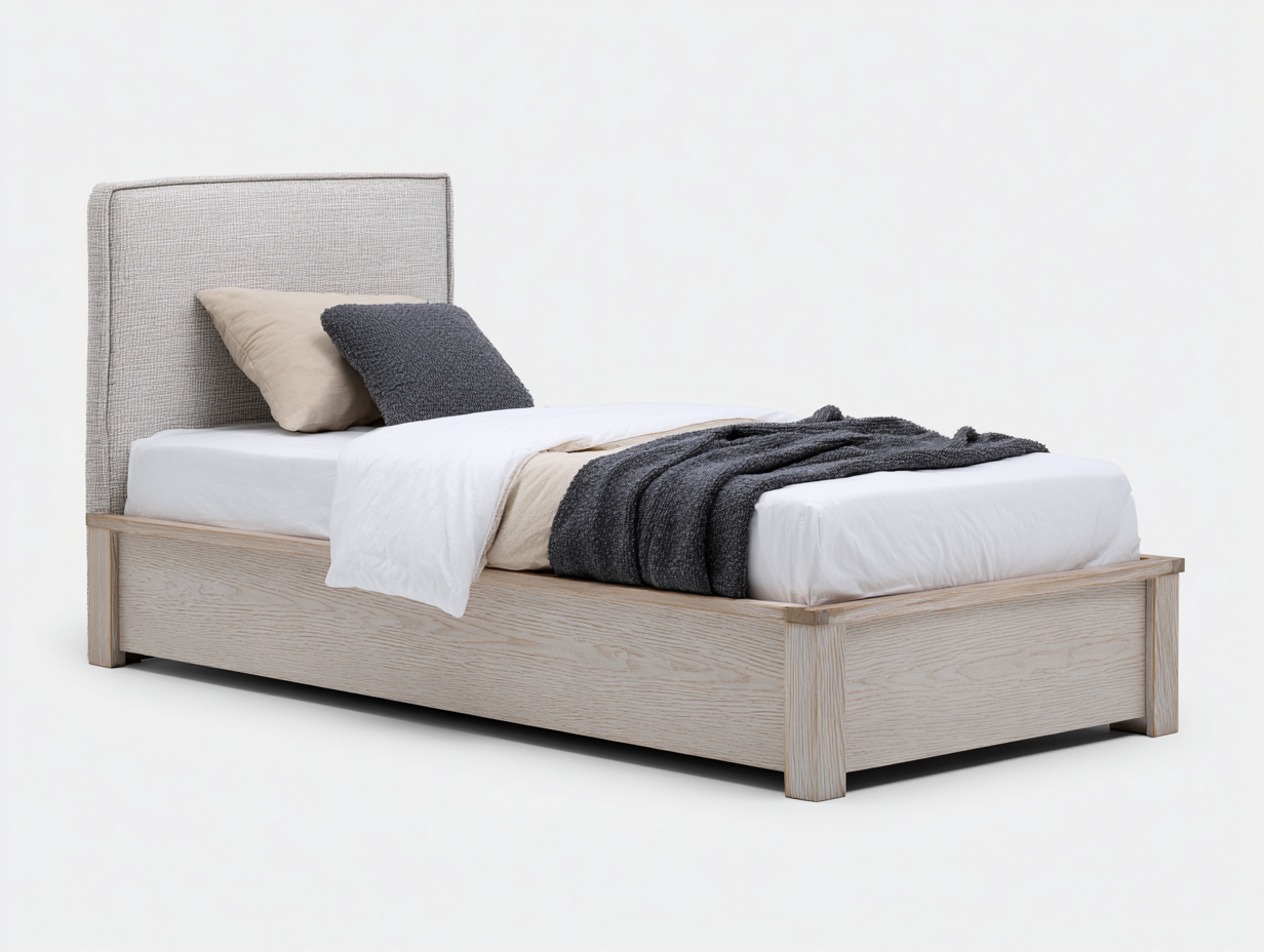 Letto singolo - Tessuto-Legno - 207x102x116 cm - Rovere sbiancato-Grigio chiaro-Nero - Moderno naturale-Lotiihome