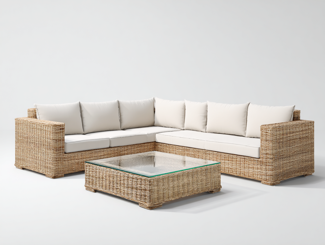 Divani da esterno-rattan sintetico-tessuto-vetro-282x206x79 cm-Naturale chiaro-Avorio-design contemporaneo-Lotiihome