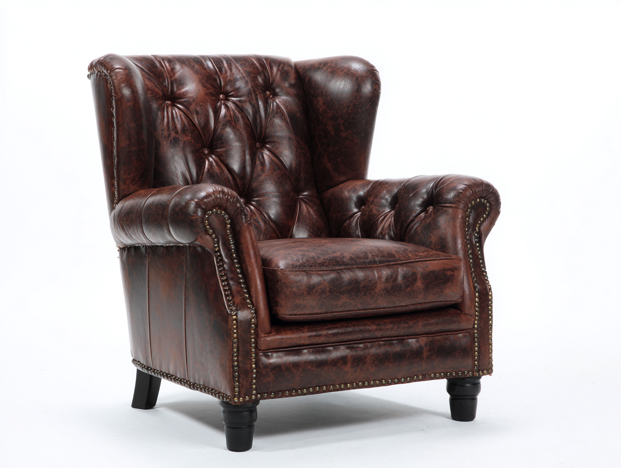 Poltrona a orecchioni-pelle-legno-88x95x112 cm-marrone scuro-stile capitonné-Lotiihome