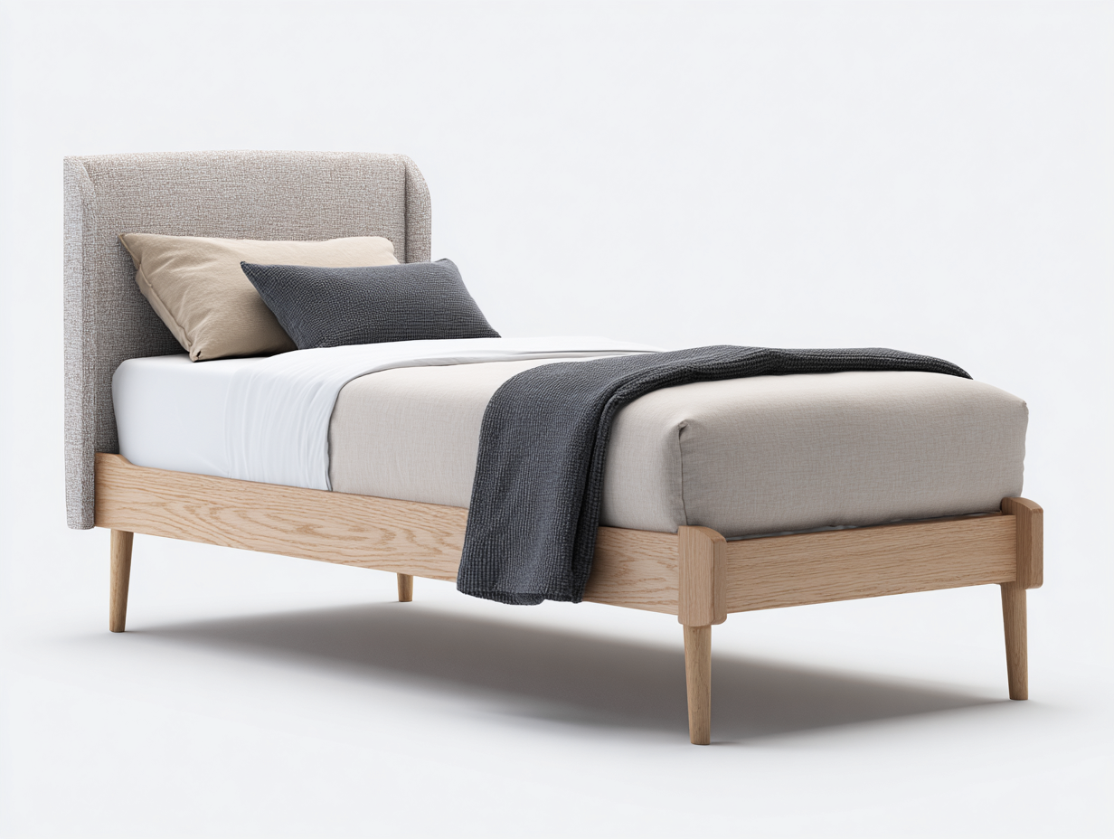 Letto singolo - Tessuto-Legno - 206x101x105 cm - Rovere naturale-Grigio chiaro - Scandinavo moderno-Lotiihome