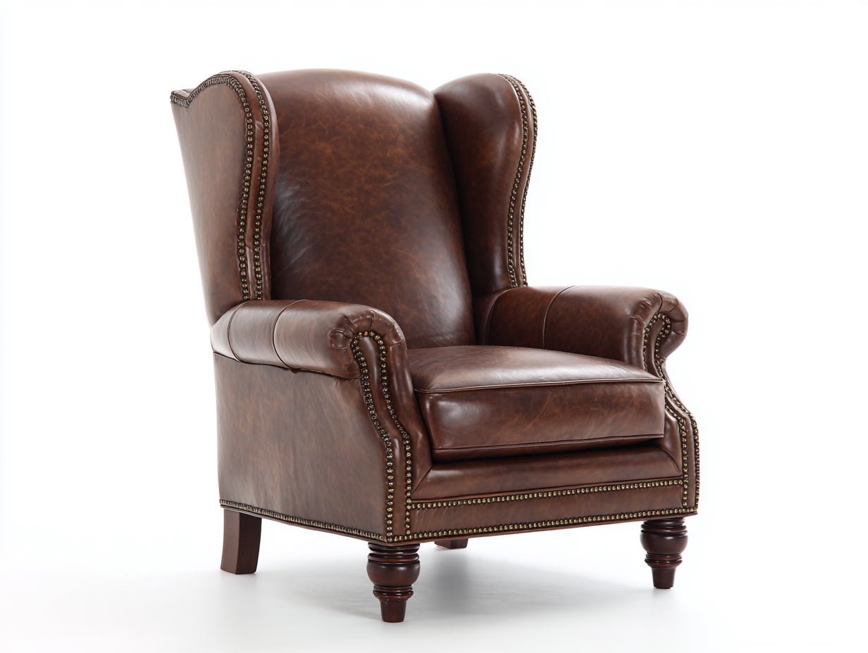 Poltrona a orecchioni-pelle-legno-84x90x111 cm-marrone caldo-stile vintage-Lotiihome