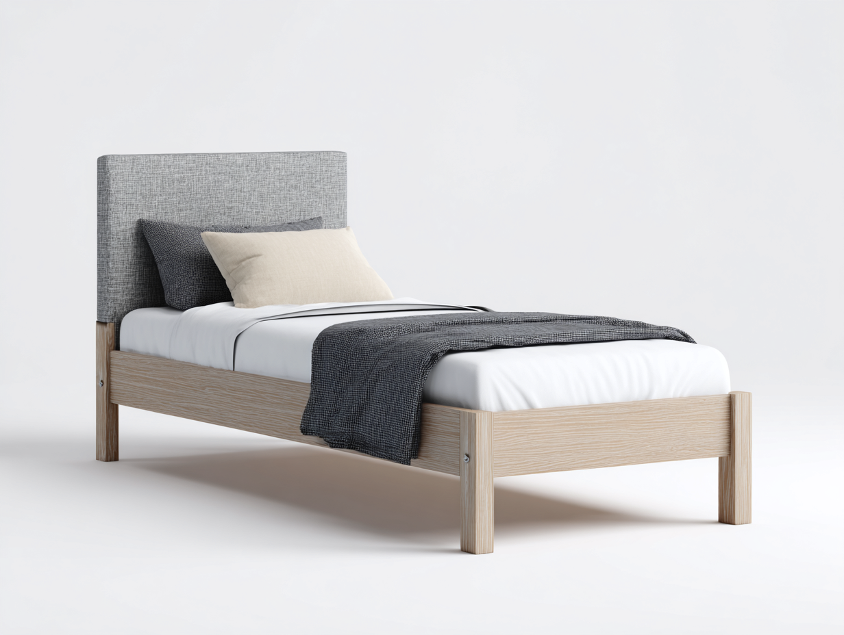 Letto singolo - Legno-Tessuto - 204x98x102 cm - Rovere naturale-Grigio chiaro - moderno imbottito-Momozihome