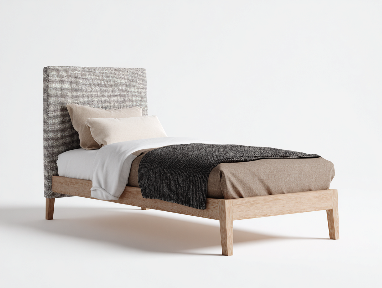 Letto singolo - Legno-Tessuto - 204x98x116 cm - Rovere naturale-Grigio - nordico imbottito-Momozihome