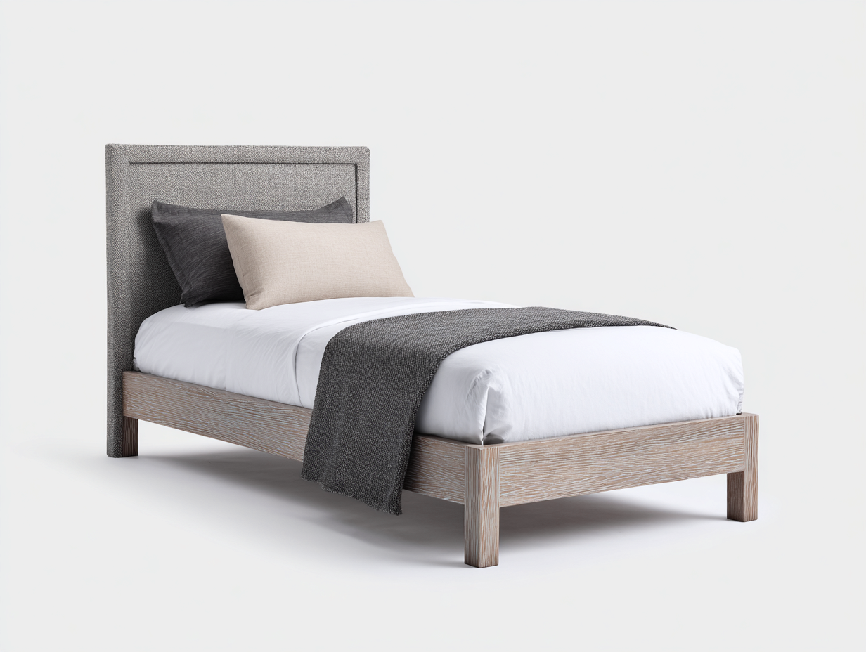 Letto singolo - Legno composito-Tessuto - 204x98x112 cm - Rovere sbiancato-Grigio - moderno imbottito-Momozihome
