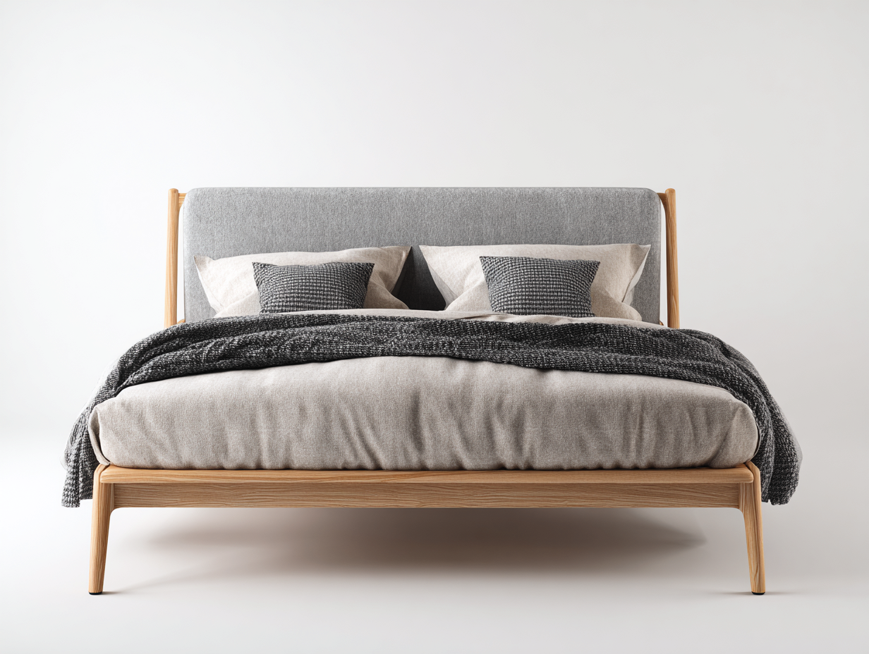 Letto matrimoniale - legno-tessuto - 215x185x112 cm - rovere naturale-grigio chiaro - nordico-Momozihome