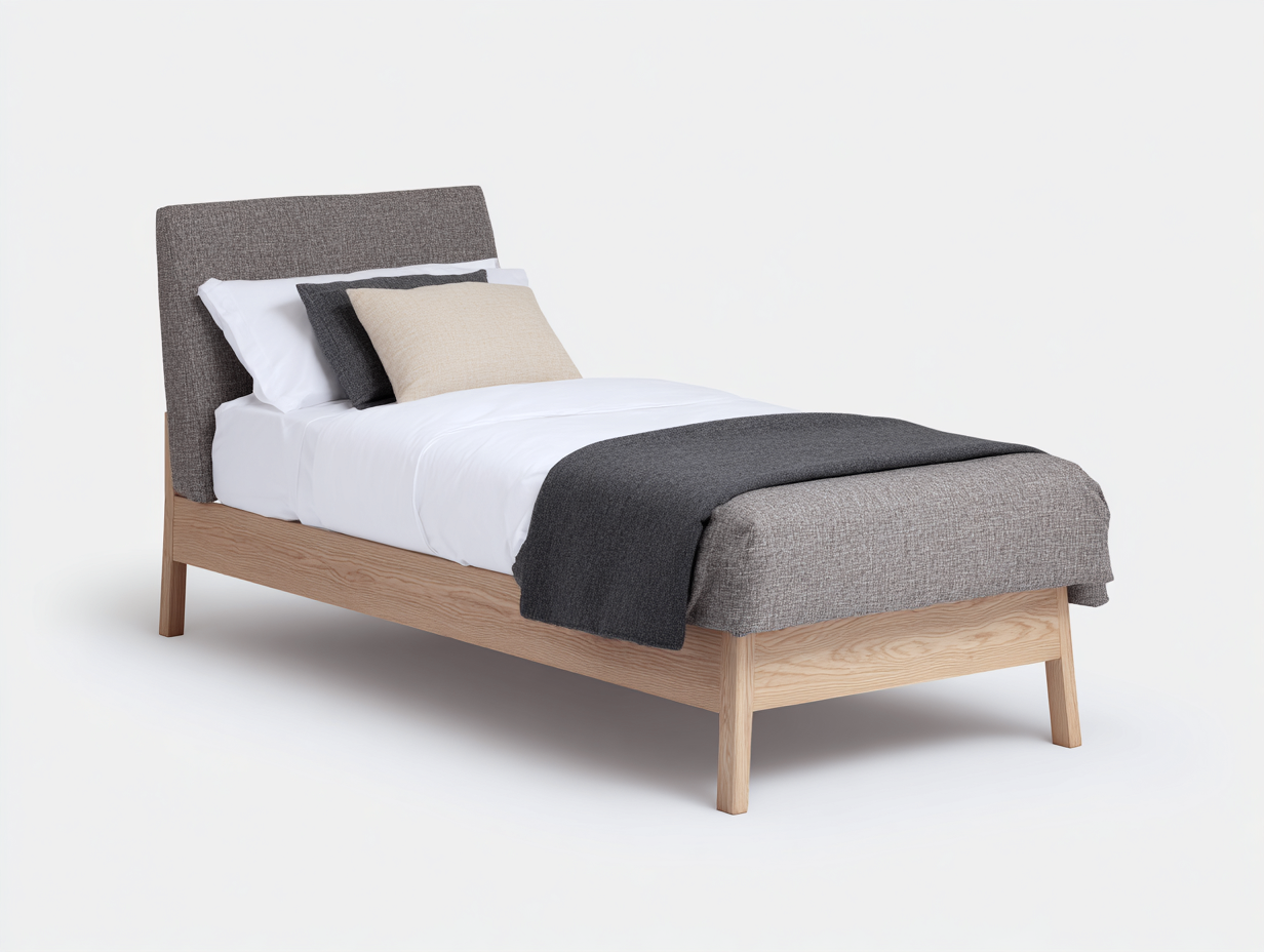 Letto singolo - Legno-Tessuto - 206x99x105 cm - Rovere naturale-Grigio - moderno imbottito-Momozihome