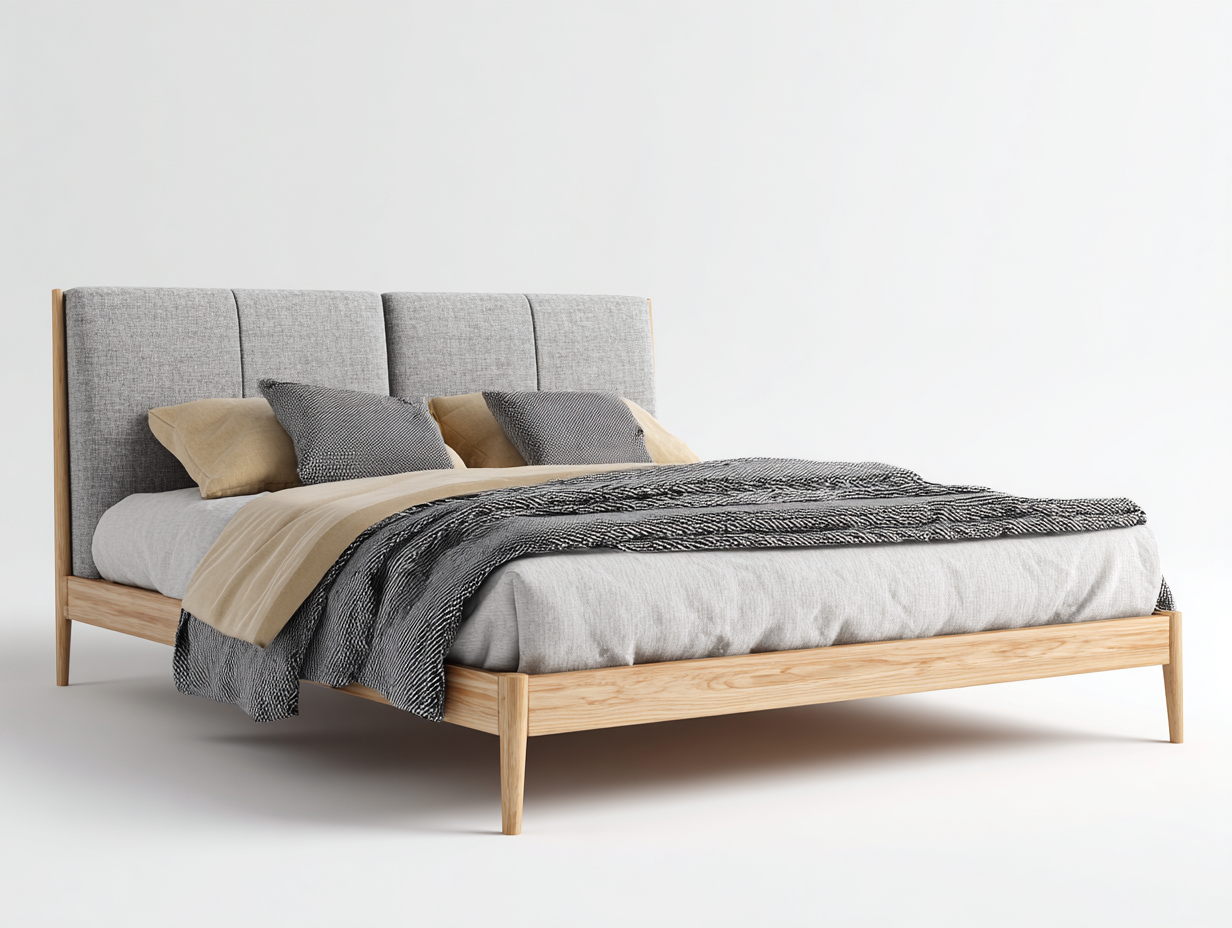 Letto matrimoniale - legno-tessuto - 214x184x110 cm - rovere naturale-grigio chiaro - scandinavo-Momozihome