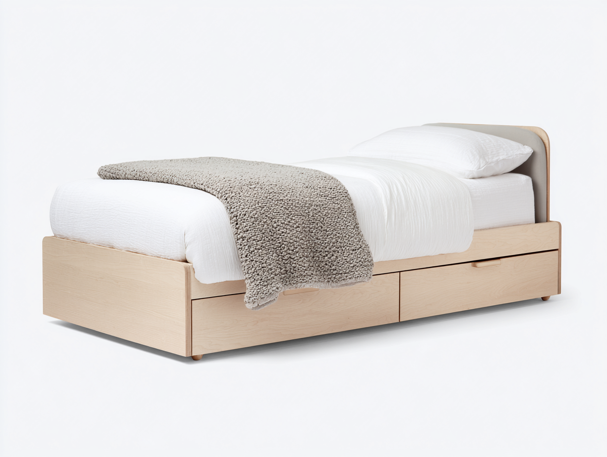 Letto singolo - Legno composito-Tessuto - 205x96x78 cm - Acero chiaro-Beige - moderno con contenitore-Momozihome