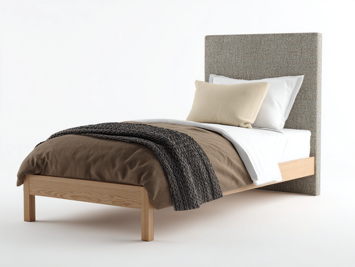 Letto singolo - Legno-Tessuto - 204x98x112 cm - Rovere naturale-Grigio talpa - nordico imbottito-Momozihome
