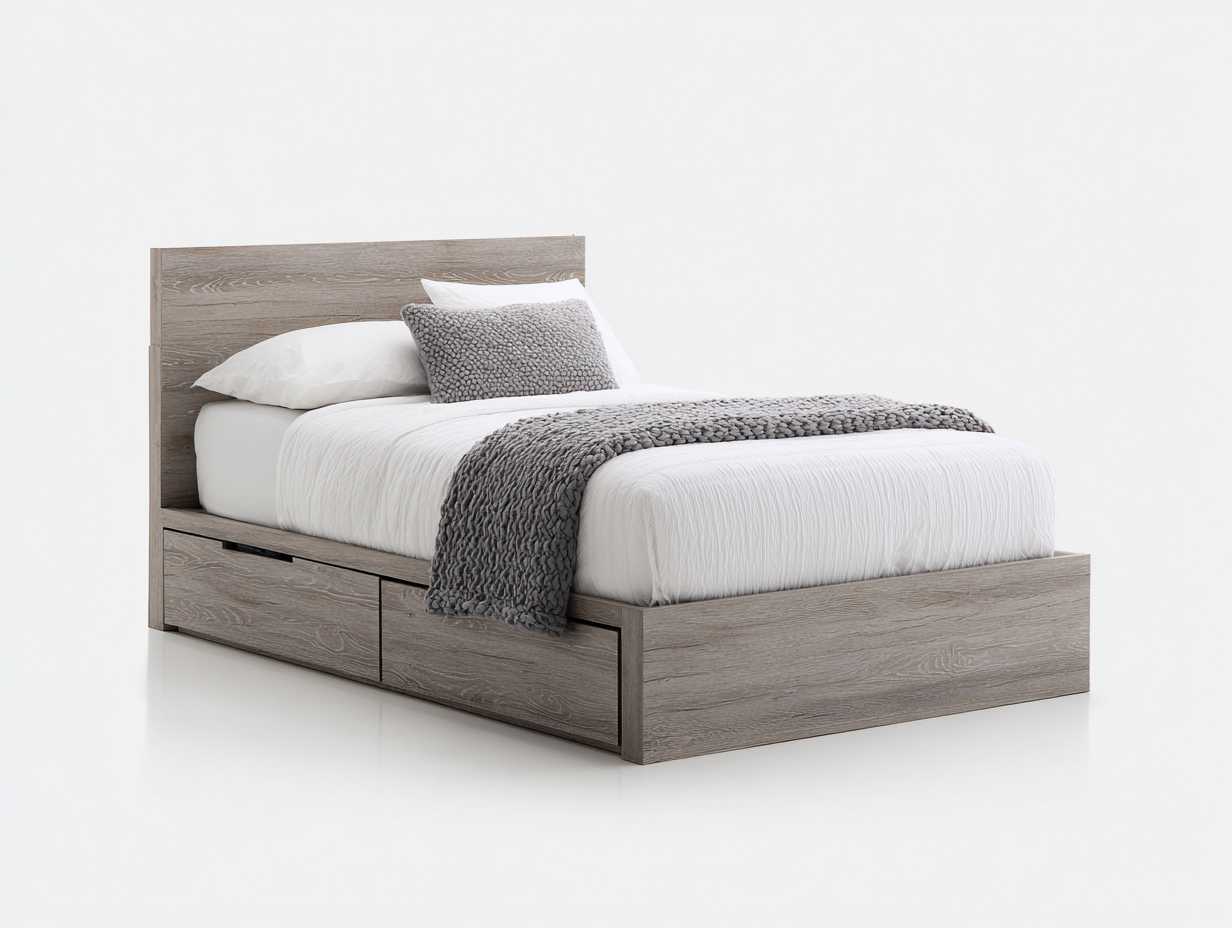 Letto singolo - Legno composito - 204x98x90 cm - Rovere grigio - moderno con cassetti-Momozihome