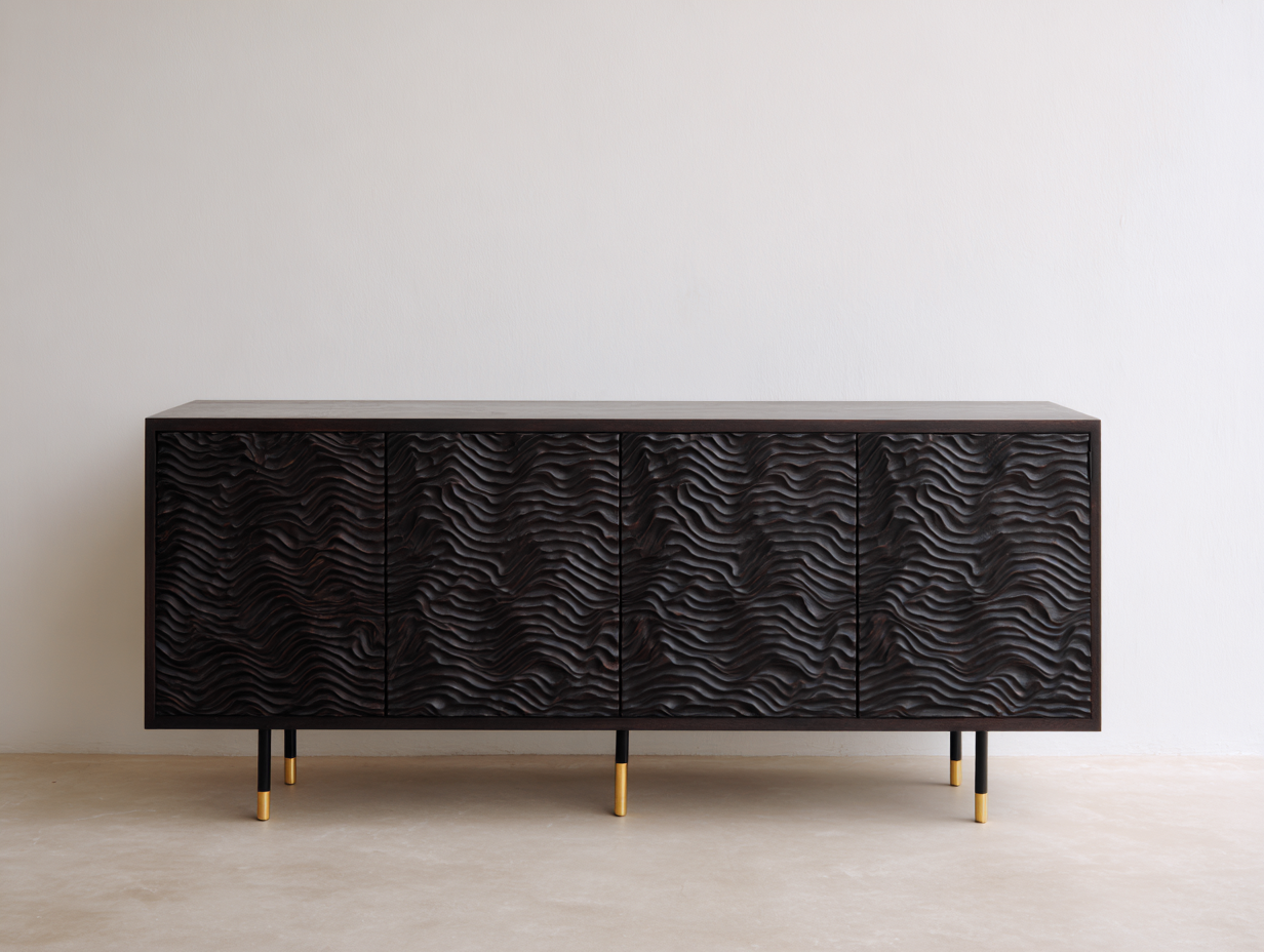 Mobile ingresso - legno-metallo - 186x44x74 cm - marrone scuro-nero-oro - moderno con frontale ondulato-Momozihome