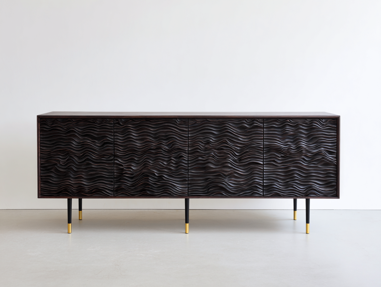 Mobile ingresso - legno-metallo - 190x45x75 cm - marrone scuro-nero-oro - moderno con frontale ondulato-Momozihome