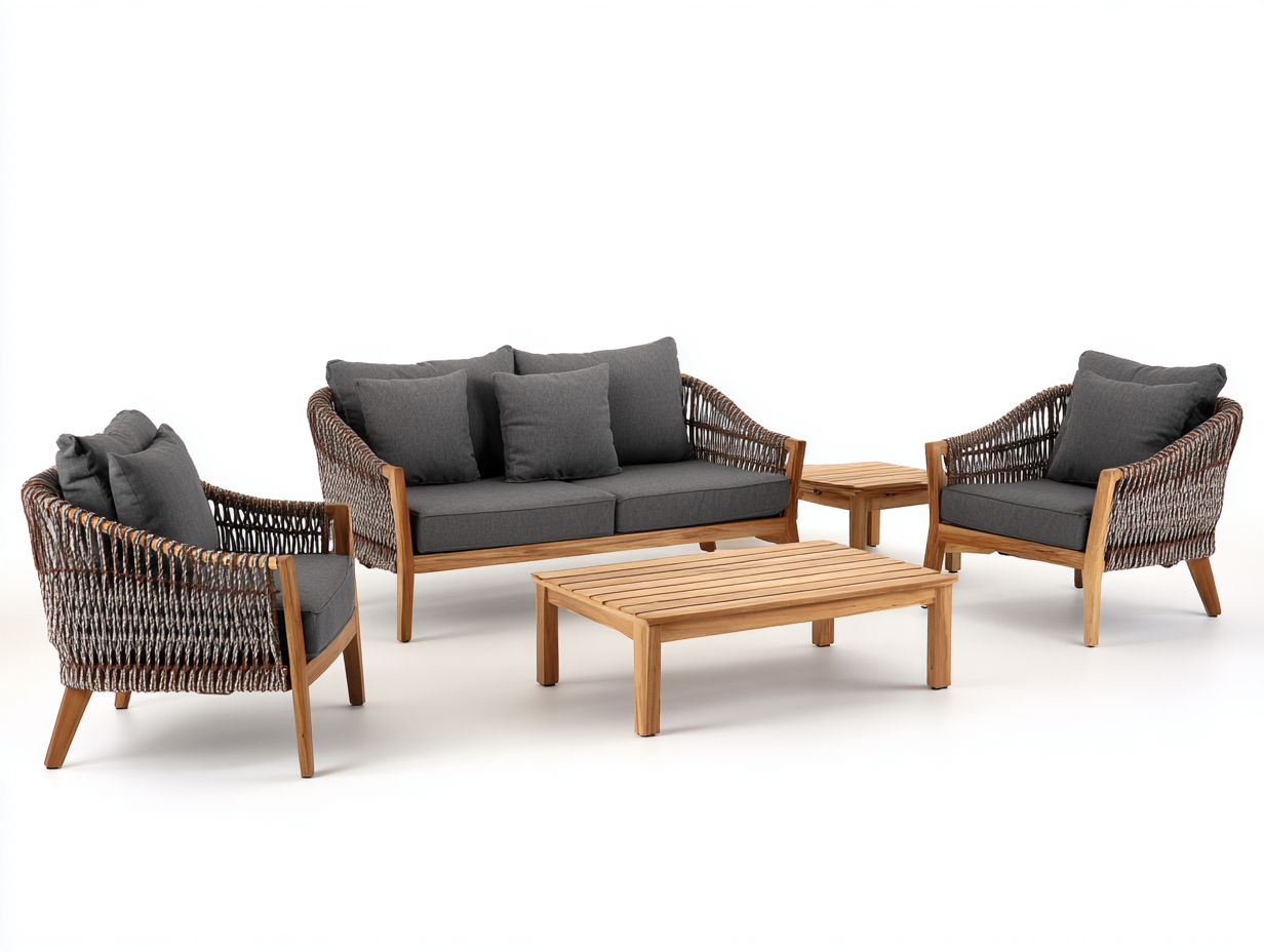 Sofás de exterior de ratán sintético y madera - Sofá 190x78x78 cm mesa 110x65x40 cm - Natural-Gris oscuro - Diseño moderno para jardín-Sarasohaus