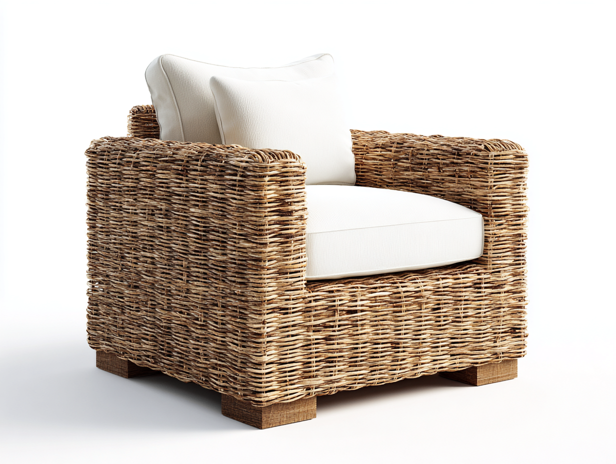 Sillones de ratán sillón de ratán natural con cojín 84x80x86 cm marrón-blanco - exterior terraza - diseño acogedor-Sarasohaus