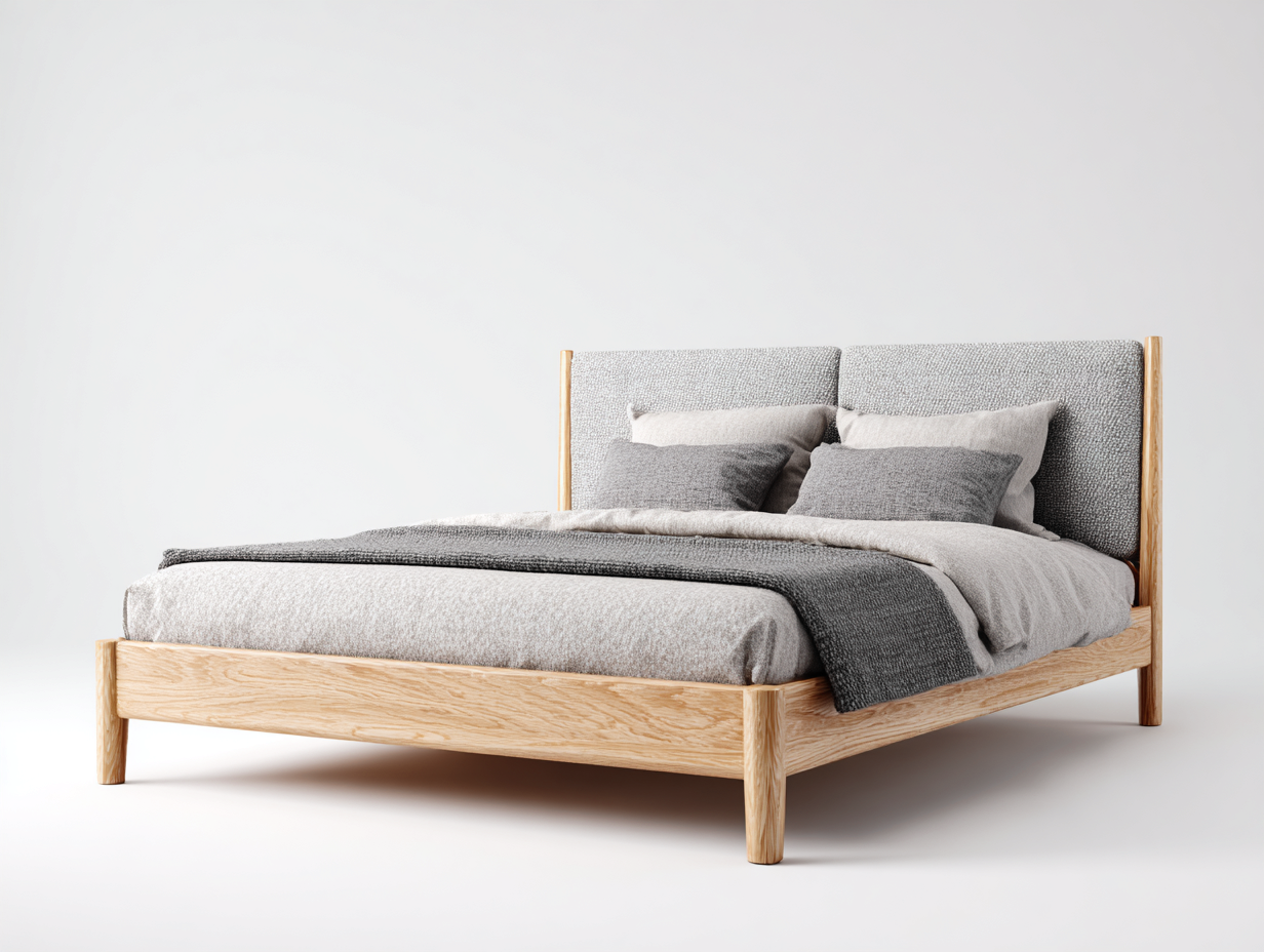 Camas dobles de madera y tela 214x169x108 cm roble claro-gris para dormitorio - cabecero tapizado - diseño natural-Sarasohaus