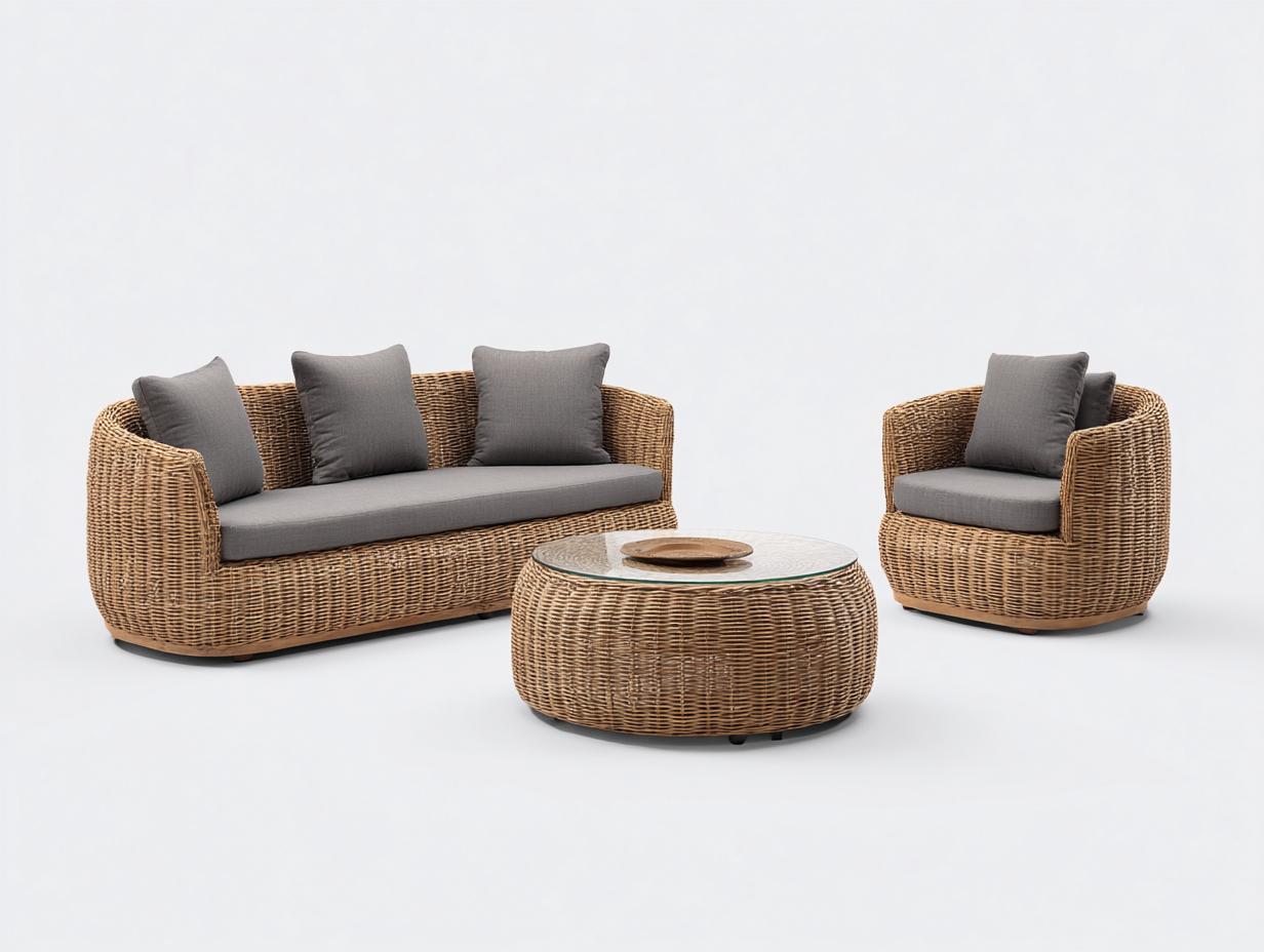 Sofás de exterior de ratán 200x82x78 cm gris y marrón para jardín - conjunto con mesa redonda-Sarasohaus
