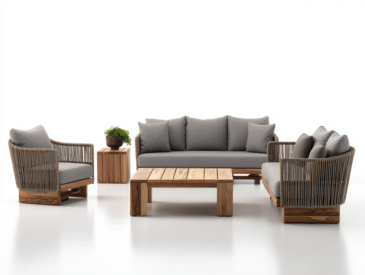 Sofás de exterior conjunto de jardín madera maciza y cuerda 230x80x78 cm gris-marrón - mesa de centro - diseño moderno-Sarasohaus