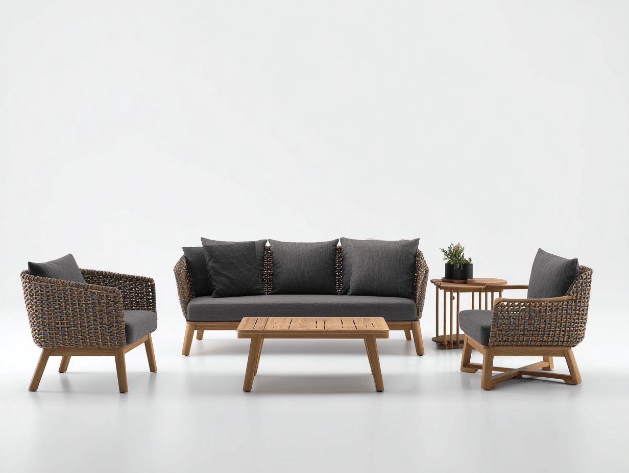 Sofá de exterior de ratán y madera 220x75x78 cm - gris-marrón-natural - set moderno con mesas-Sarasohaus