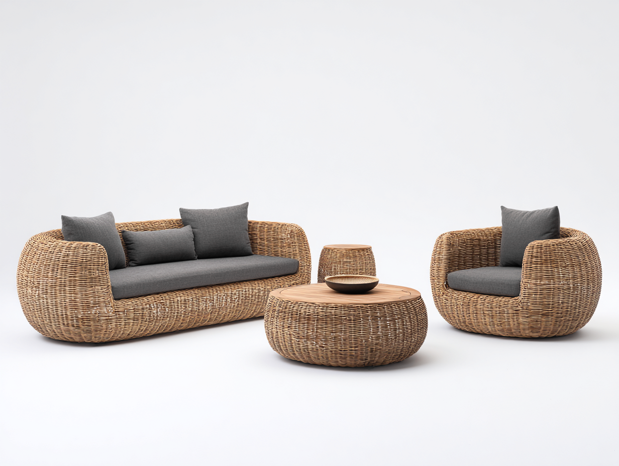 Sofás de exterior 210x85x82 cm ratán sintético color marrón-gris para jardín con sillón y mesa de centro - diseño moderno-Sarasohaus