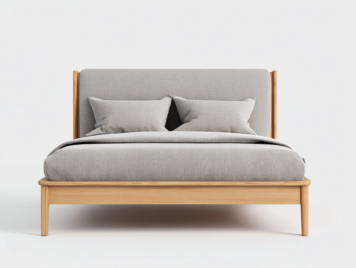 Camas dobles 200x160x105 cm de tela gris y madera color natural - gris-roble - diseño nórdico con cabecero tapizado-Sarasohaus